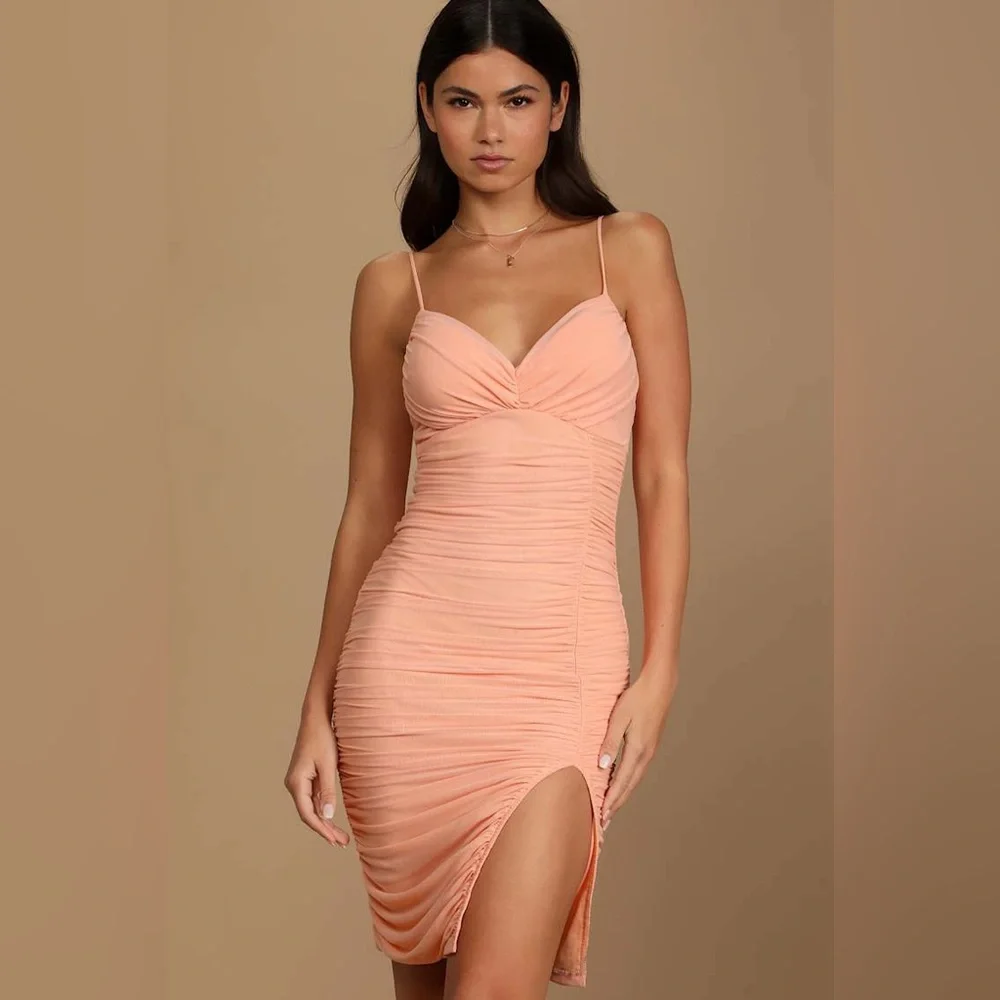 LULUS Got You Staring Peach Ruched Mesh Bodycon Mini Dress
